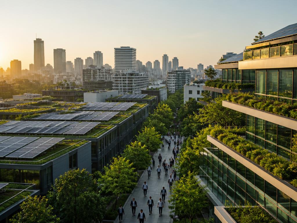 Sustainable city with energy-efficient buildings and green infrastructure